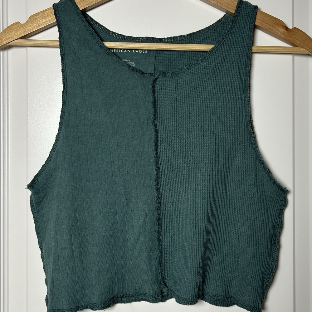 American Eagle Cotton Blend Forest Green Mixed Knit Raw Seam Cropped Tank Top